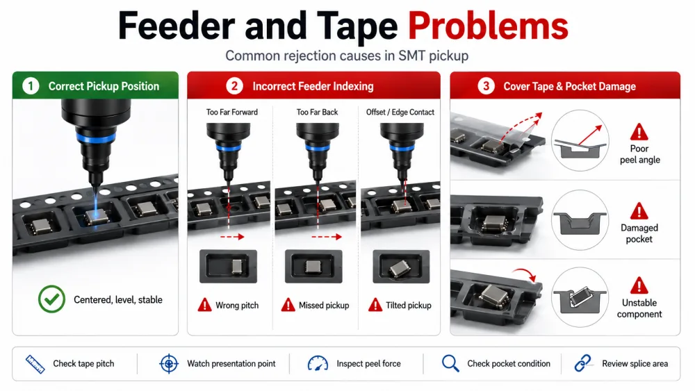 Problemy z podajnikiem i taśmą są częstą przyczyną odrzucenia.webp