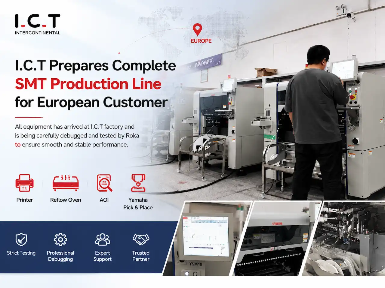 ICT przygotowuje kompletną linię produkcyjną SMT dla klienta europejskiego.webp